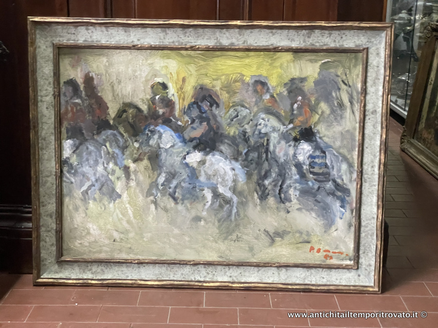 Uomini a cavallo: dipinto ad olio di Pietro Antonio Manca - Cavalcata: dipinto ad olio su tavola del pittore sardo Pietro Antonio Manca