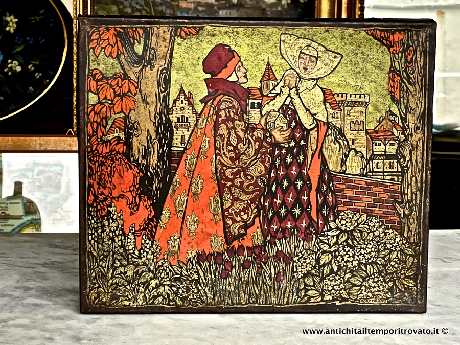 Antica scatola Talmone con decoro mediovale di Beppe Porcheddu - Antica scatola in latta litografata a colori di Beppe Porcheddu
