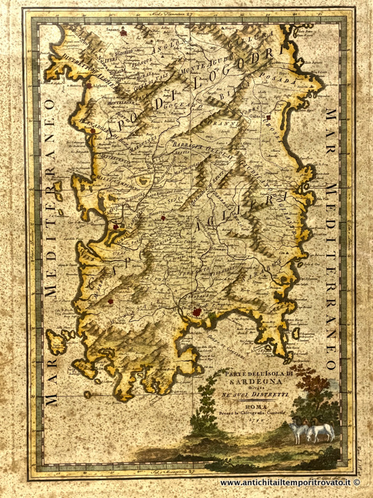 Rara mappa Parte dell'isola di Sardegna divisa ne' suoi distretti di Giovanni Maria Cassini - Antica incisione colorata a mano nella fine del 700 di  Giovanni Maria Cassini