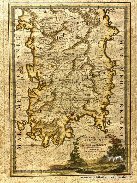 Antica e rara mappa del 700 colorata a mano - Antica mappa della Sardegna meridionale di Gio M. Cassini tratta dal Nuovo Atlante Geografico Universale.