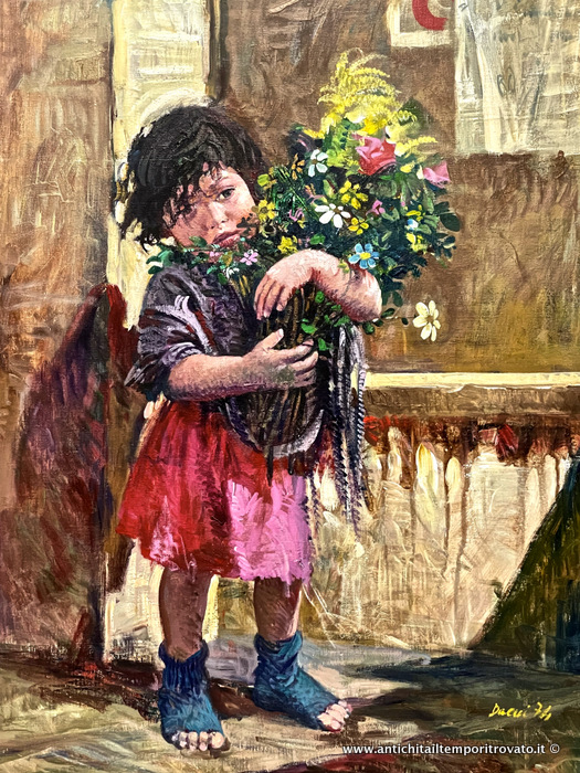 Dipinto ad olio su tela di Pino Daeni del 1974: bambina di strada con fascio di fiori - Pino Daeni: dipinto ad olio con dedica vergata a mano dall'artista